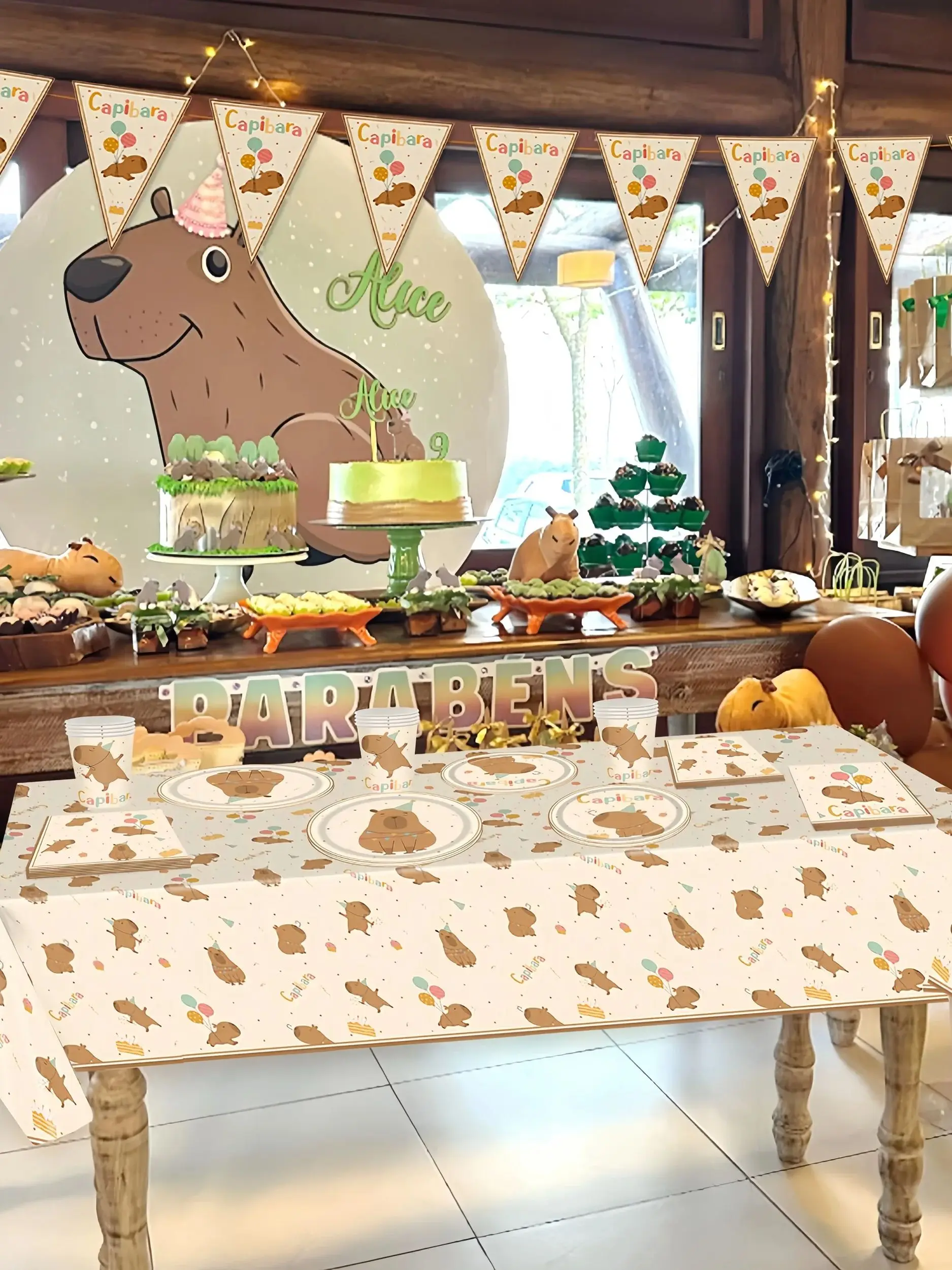 Ensemble de vaisselle thème Capybara de dessin animé, sac de fête d'anniversaire pour enfants, décoration de gâteau, nappe, décor de ballons, cadeaux pour filles, fournitures d'animaux