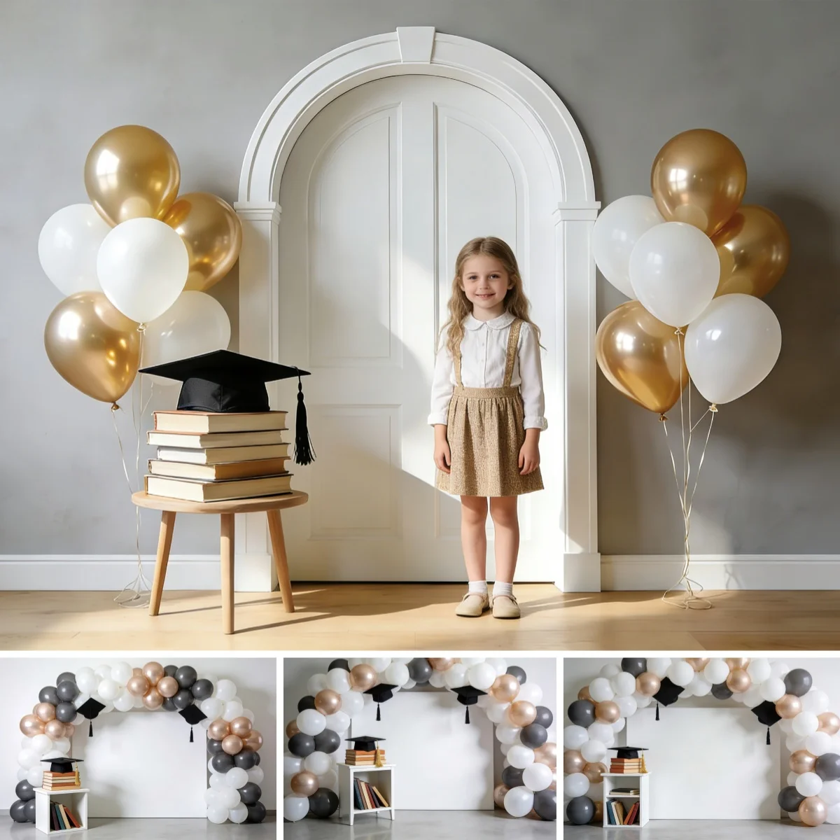 Kids Graduation Backdrop White Arch Door with Gold White Balloons, Cap and Books Decor for Preschool Party Photo Background
