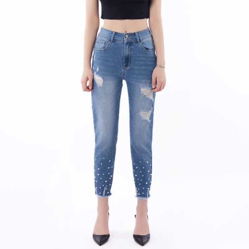 

Cross-border New Style 9-inch Jeans for Women Slim and Slimming Beaded Fashionable Jeans 9-inch Summer Skinny Pants Pencil Pants