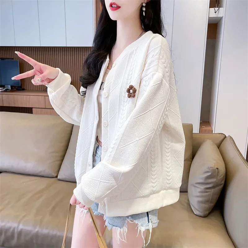 

Женский бежевый текстурированный кардиган с V-образным вырезом, цветочным декором, свободный повседневный вязаный жакет