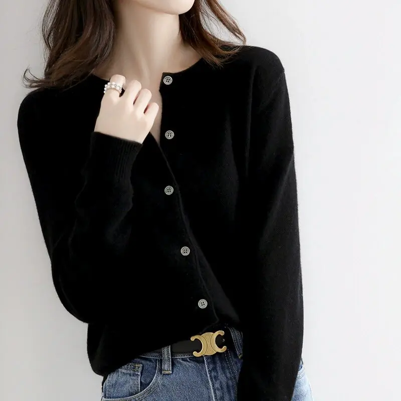 Women's Spring and Autumn New Korean-Style Loose Round-Neck Sweater, Fashionable and Elegant Casual Workwear Outerwear, Soft and Comfortable Knitted Cardigan, Single-Breasted Long-Sleeve Coat 6