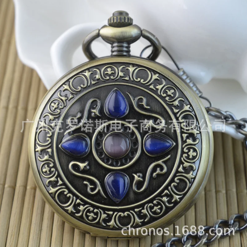 Foreign Trade Large Flip Mechanical Pocket Watch Roman Gem Hollow Semi-automatic Manual Mechanical Watch Pocket Watch