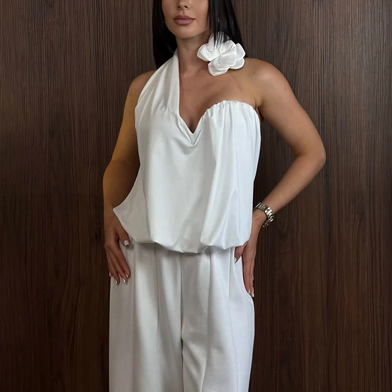 

Ticketsx Halter Flower Patchwork Top Women's 2025 Summer Off Shoulder Sleeveless Sexy Pleated Shirt Female Fashion Chic Tank Top