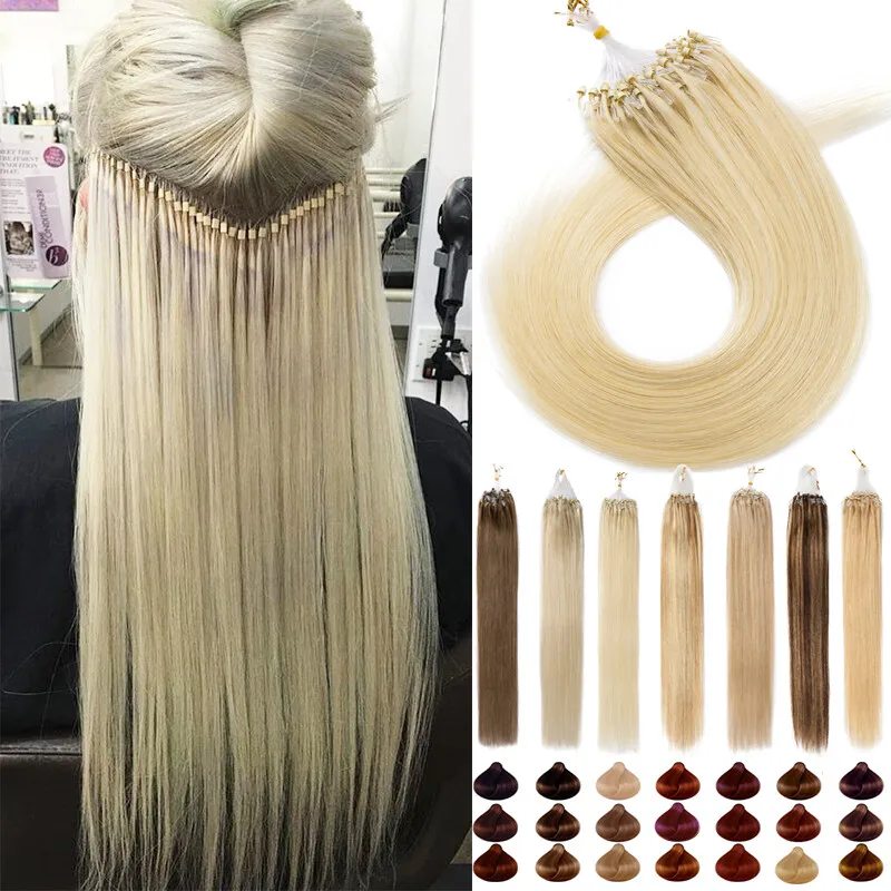 

100% человеческие волосы, наращивание колец с микропетлями, прямой уток, предварительно закрученные кончики для быстрой установки, все цвета, 1B/4/613/27, доступны