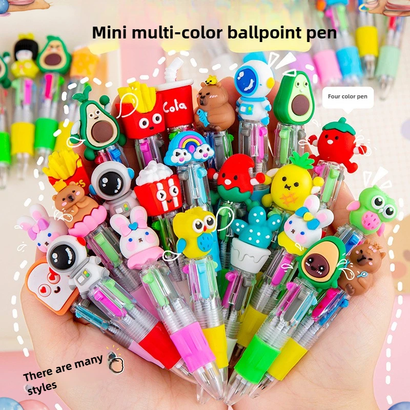 

12 Pcs Cartoon Mini Four-color Ballpoint Pen Cute Portable 4-color Ball Pens Student Hand Account Multi-color School Stationery