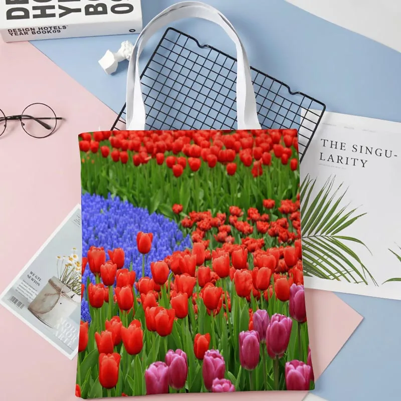 30x35cm Tulips Flower Canvas Bag Harajuku School Women Shoulder Bag Large-capacity Casual Punk Vintage Handbag 1014