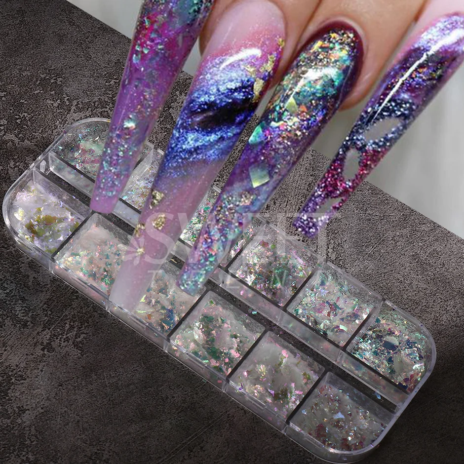 12 Grids Holographic Opal Fire Flakes Nail Art Paillette Translucent Aurora Iridescent Glitter Set Nail Decoration Powder SAJDP