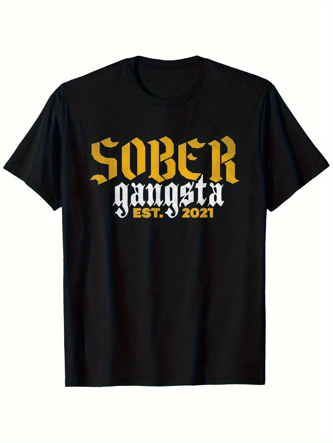 1pc Men's Sobriety Gangsta Est.2021 Addiction Recovery T-Shirt - Bold Sobriety Graphic Tee in Black/ Yellow/White, Soft Breathab