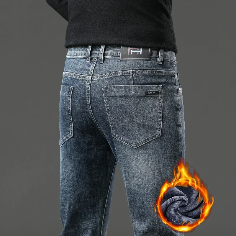 

Новые зимние мужские флисовые узкие джинсы, модные теплые прямые повседневные утолщенные плюшевые джинсовые брюки с вышивкой, мужские брендовые синие, серые