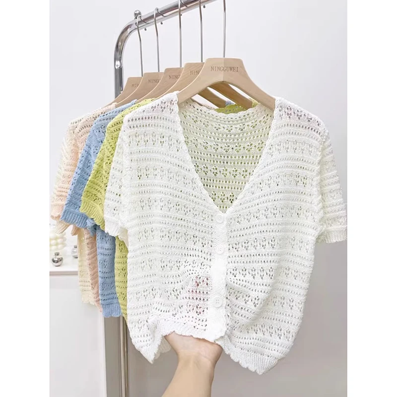 

Summer Fashion Short Sleeve Knitwear Women's Thin V-neck Hollow-out T-shirt Casual Short Cardigan Single-breasted Outer Wear Top