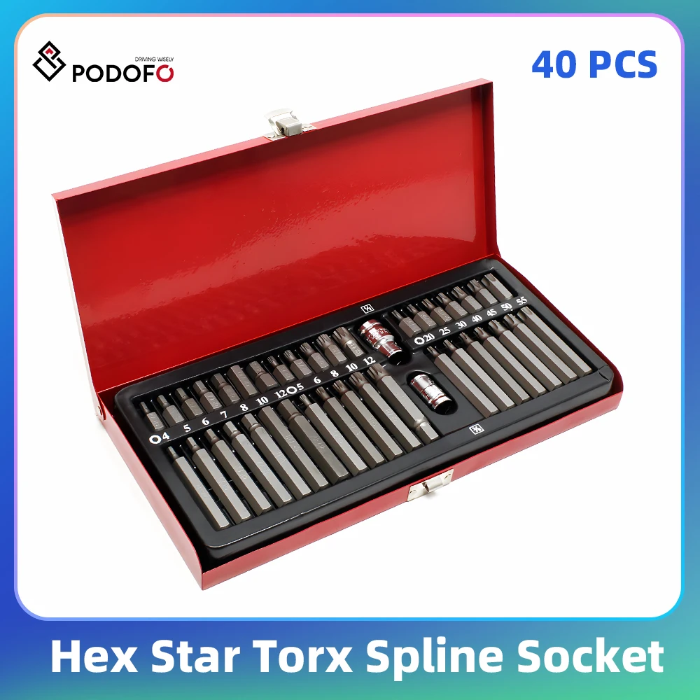 Podofo Torx Star Spline Hex Socket Bit Kit 40pcs Set Drive Impact Socket Bit Tool Set 1/2inch 3/8inch For Car Auto Repair