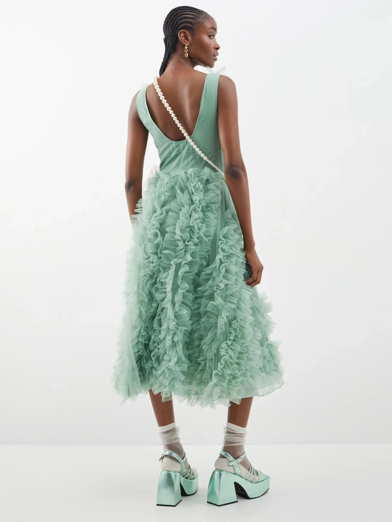 New Arrival Light Green Mid Calf Tulle Women Dresses High Street A-line Ruffles Tutu Tulle Female Maxi Dress V- neck Sleeveless