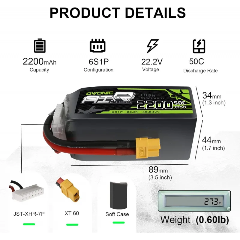 OVONIC-Batterie Lipo 6S, 22.2V, 2200mAh, 50C, Connecteur Count60, Avion, Hélicoptère, Voiture RC, Camion, Précieux Drone Racing H