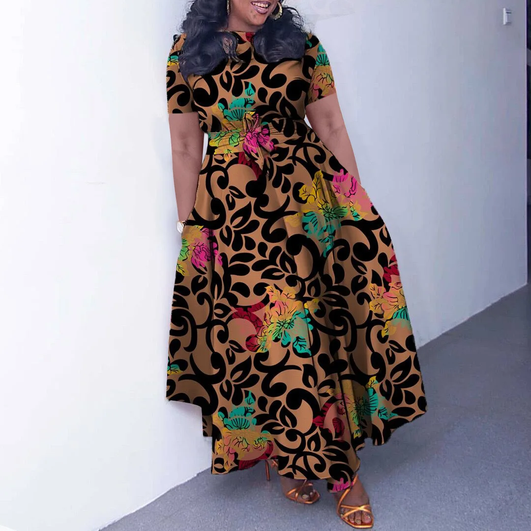 Robe Africaine Imprimée à Manches Courtes pour Femme, Vêtement Décontracté, Ligne A, Mode Africaine, Bazin Johanna