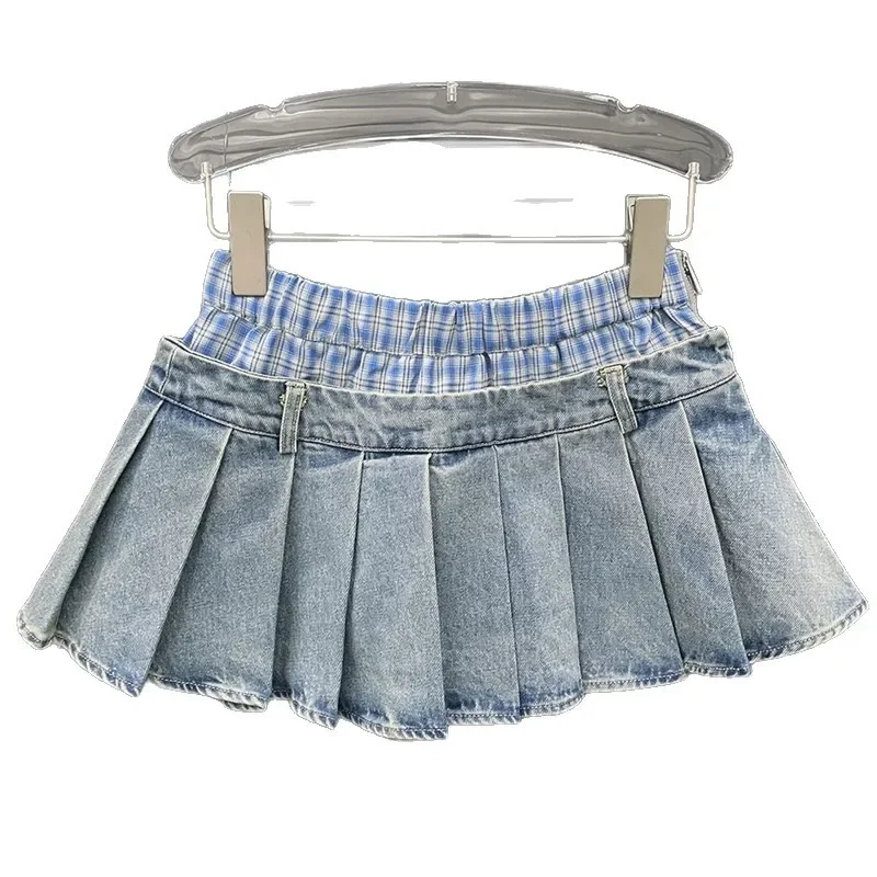 Retro Patchwork Contrasting Denim Pleated Skirt Short Skirt For Female Niche, Fake Two-Piece Skirt