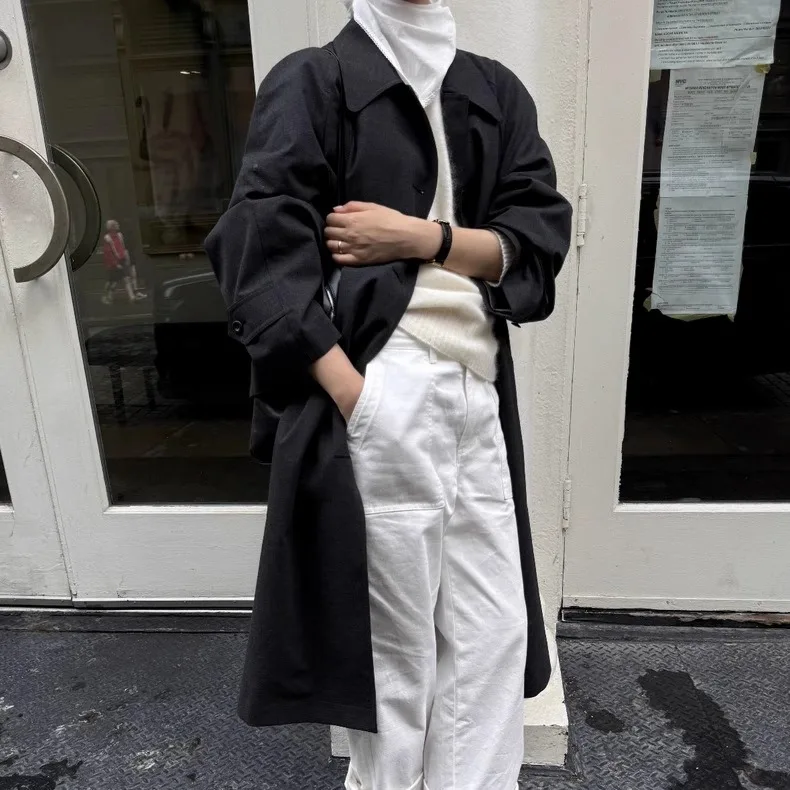 

TheBarnet Women's Loose Fit Long Coat Vintage Turn-down Collar Single Button Windbreaker Outerwear Versatile Mid-length