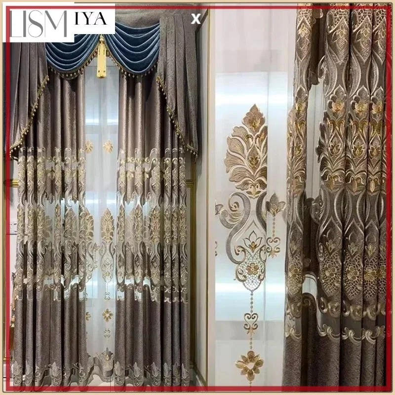 European Embroidered Grey Luxury Curtains For Living Room Bedroom Blackout Valance Window Screening Villa Decor Tulle Custom