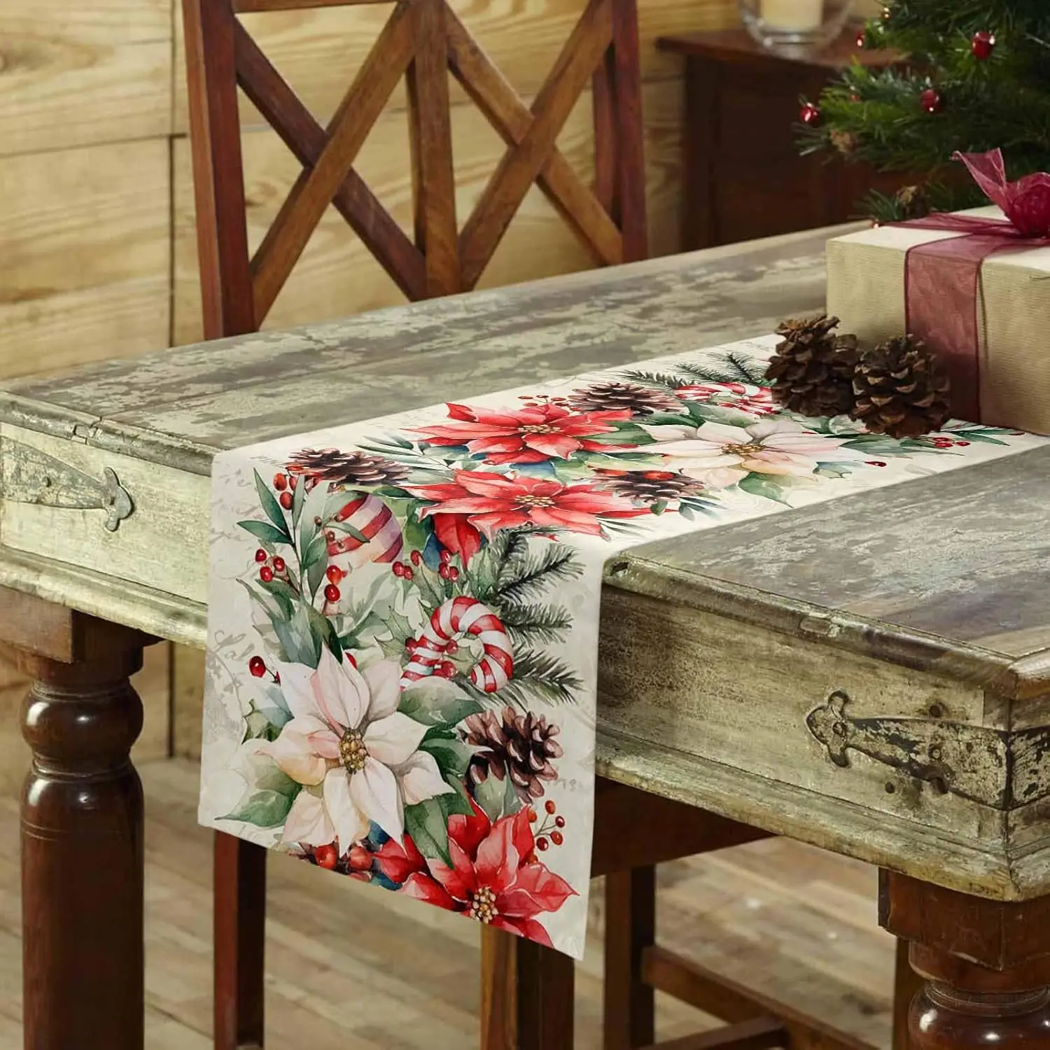 Christmas Poinsettia Pine Needle Pine Cone Linen Table Runner for Table Decor Xmas Botanical Table Runner Christmas Decorations
