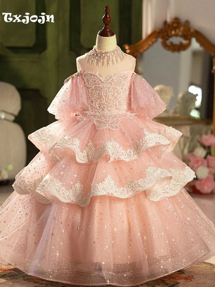 Girl's Ball Gown Flower Girl Wedding Dress Christmas Princess Dress Pink Child Performance Vestido Birthday Party Clothes 5-16Y