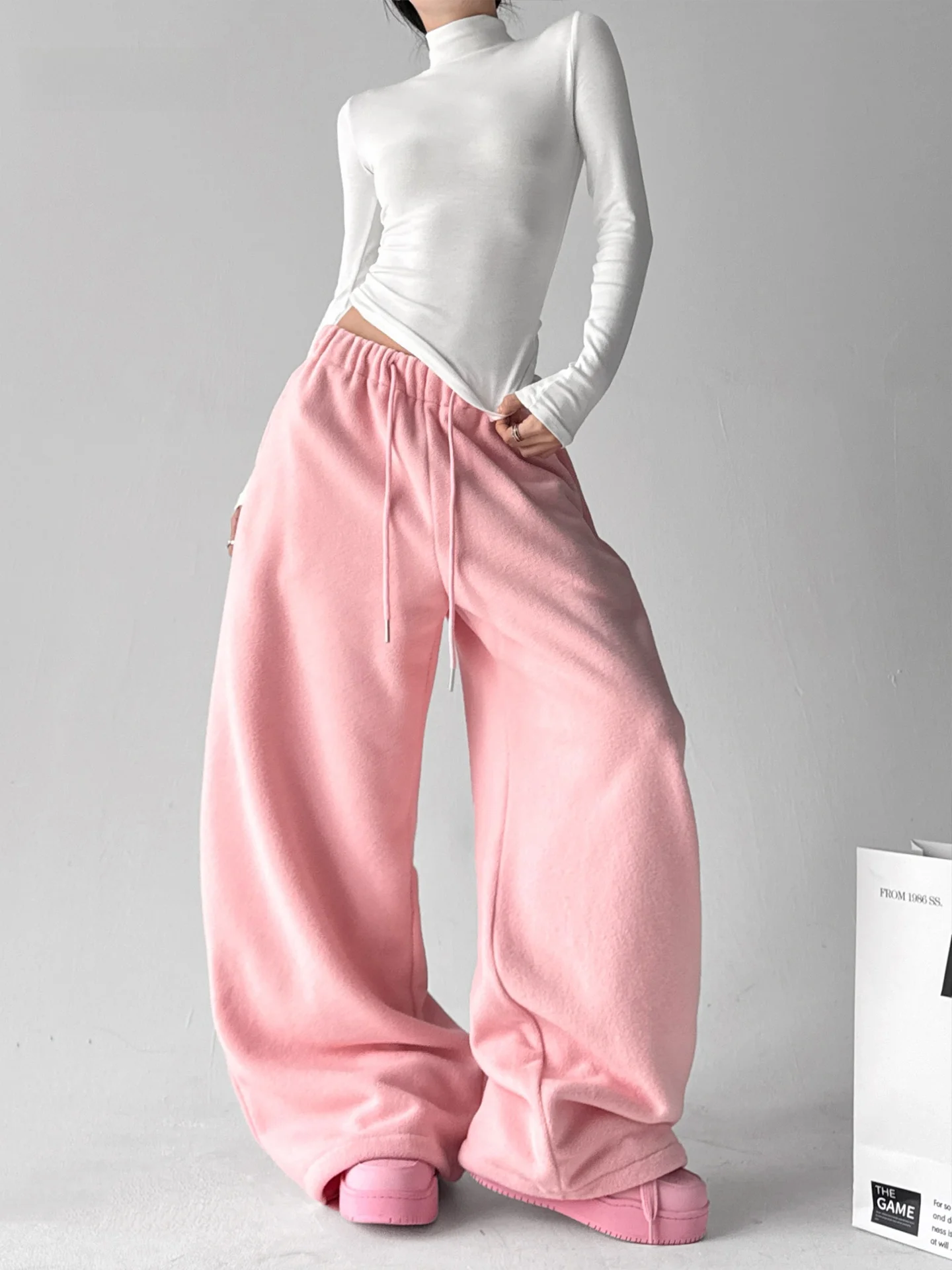 Korean Style Fleece Sporty Casual Pants Women's High Waist Elastic Waist Loose Wide Leg Slimming Cuffed Long Trousers