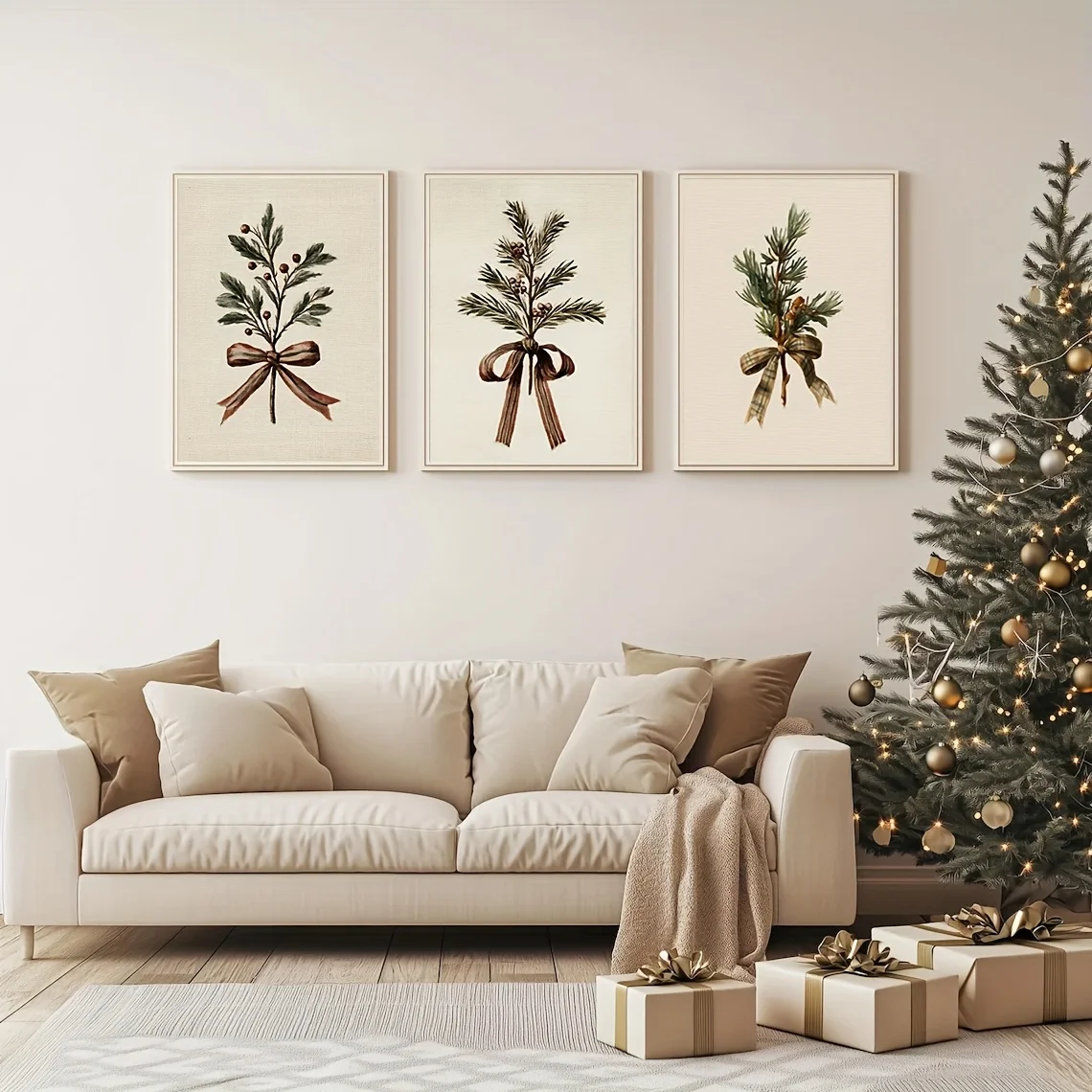 3pcs frameless Canvas Painting 3Pcs Vintage Christmas Wall Art Set Botanical Holly Pine Twig with Plaid Bow Canvas Print Neutral