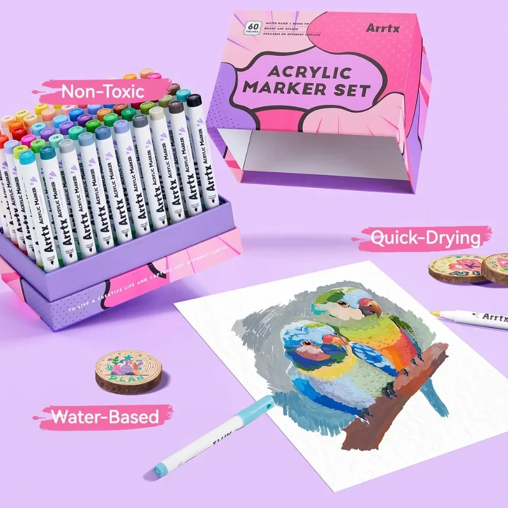 Arrtx Markery akrylowe 60 kolorów dla artystów Dorośli Kolorowanie Rysunek Kreskówka Anime Komiks dla Rock Wood Canvas DIY — zdjęcie produktu 2
