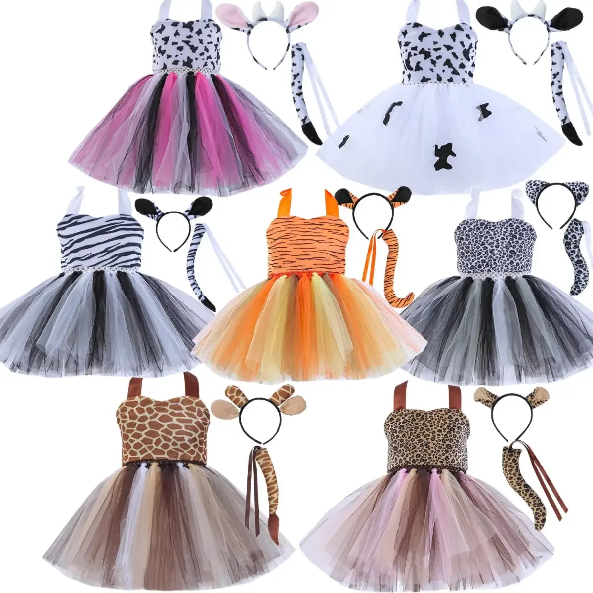 Halloween Children Giraffe Cosplay Costume Cute Children's Day Dress Costume Girl Headwear Tulle Dress Stage Performance Clothes