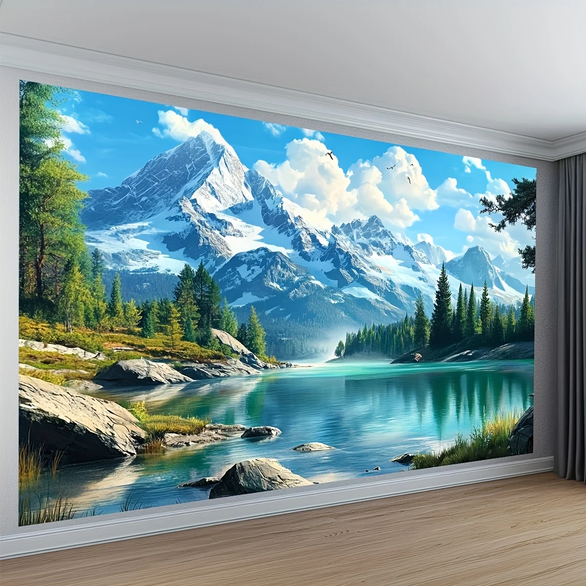 Wandteppich mit Schneeberg- und Seemotiv, Wandbehang, Waldlandschaft, Kunststoffposter für Wohnzimmer, Schlafzimmer, Heimdekoration, ästhetisch