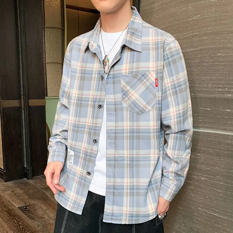 Frühling Herbst Neue Mode drehen-unten Kragen Langarm Plaid Bluse männer Kleidung Koreanische Taste Trend Casual Alle-spiel Shirts