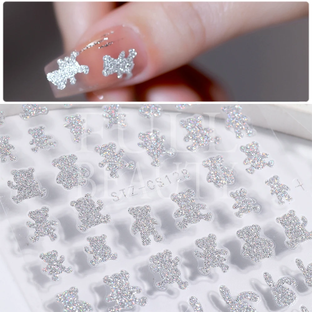 Reflective Glitter Love Heart Nail Sticker Silver Butterfly Cute Bear Nail Sliders Stars Rose Design Sparkle Decals GLSTZ-CS124