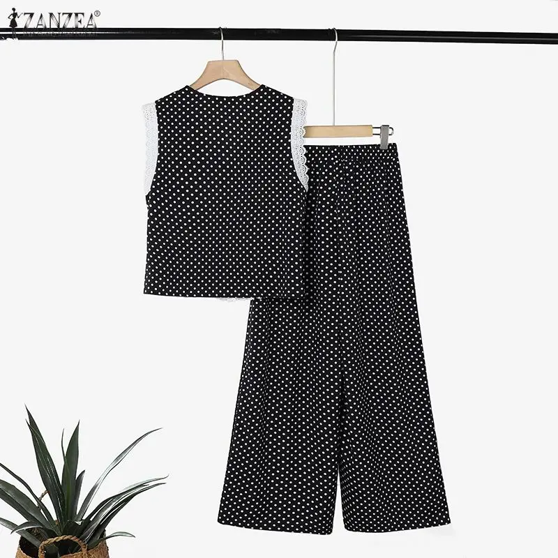 Women Summer Polka Dot Pant Sets Lace Trim V-Neck Sleeveless Top & Wide Leg Pants 2-Piece Sets ZANZEA Casual Streetwear Co-ords - view 3