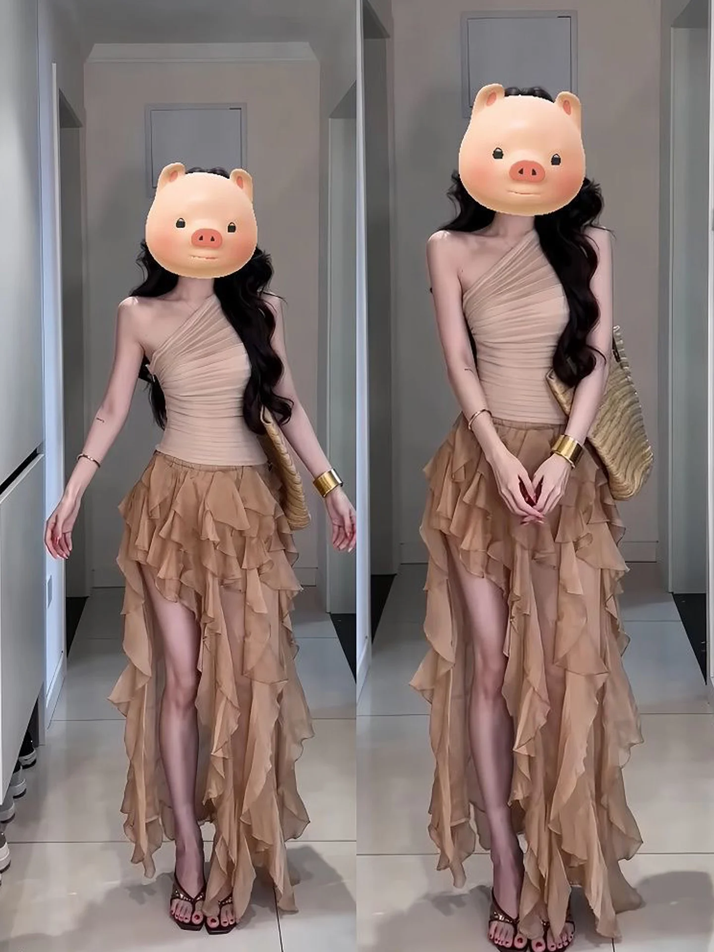 Holiday Style Sexy Sleeveless Vest Top Women's Slim Fit Mesh Skirt Set Autumn New Asymmetric High Waist Elastic  Color