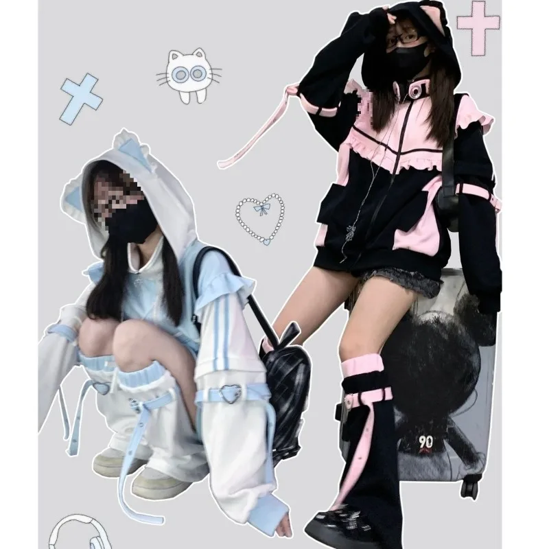 

Japanese Harajuku Y2K Aesthetic Sweatshirt Kawaii Contrast Color Hooded Coat for Women Loose Zipper Top Cosplay Casual Hoody