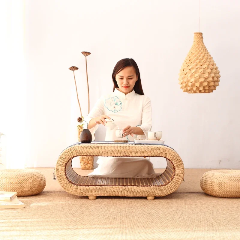 Straw bay window table Japanese small coffee simple storage tatami low table kang balcony tea and chair