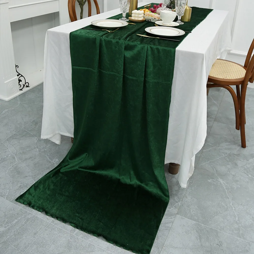 Green Velvet Table Runner Soft Texture 70x300cm Table Linen Overlay Rectangular Shape Stitched Edge Soft Velvet Fabric Runner