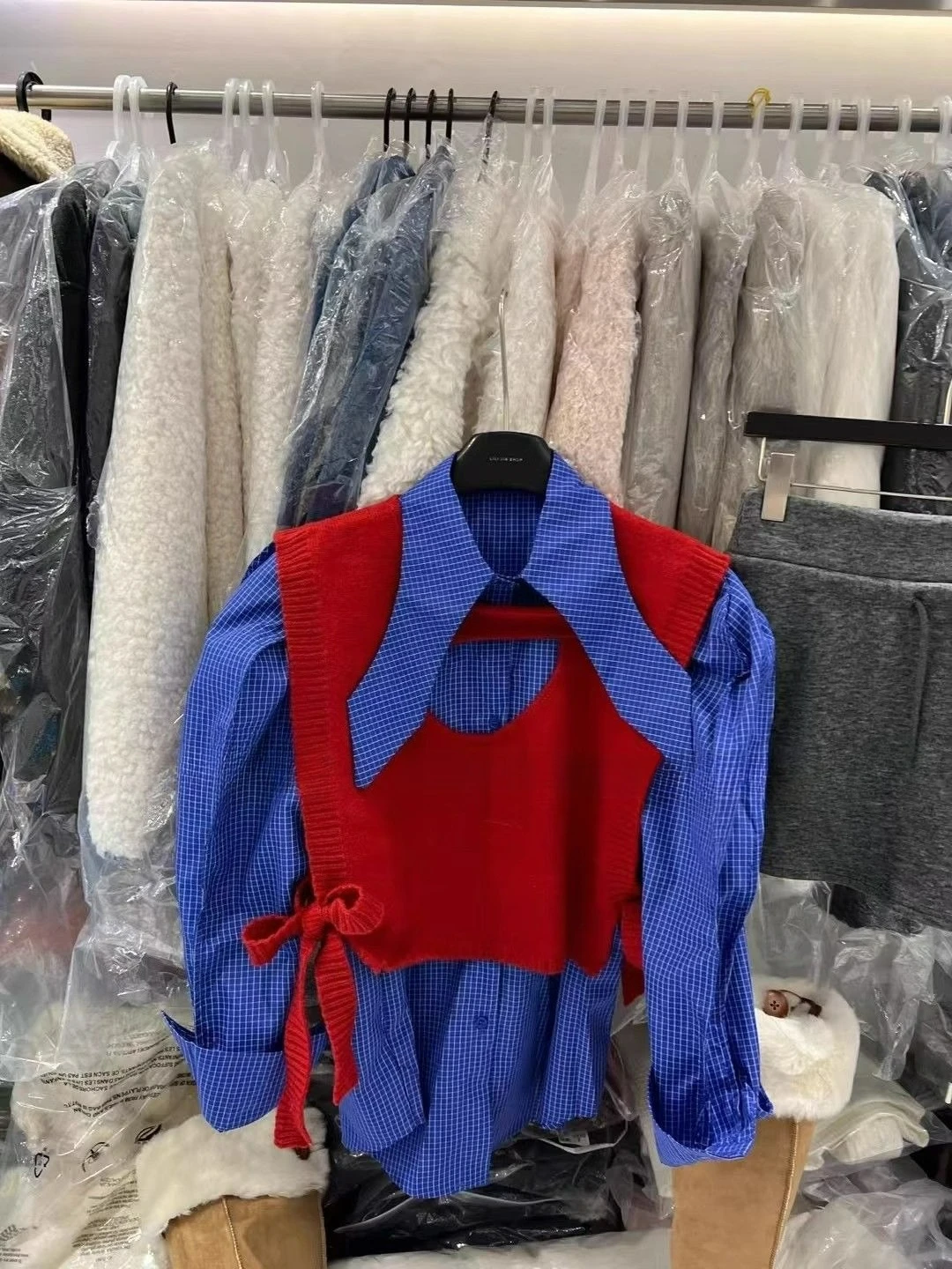 

Korean Autumn Puff Long Sleeved Plaid Shirt Causal College Style Knitted Vest Top Suit for Women