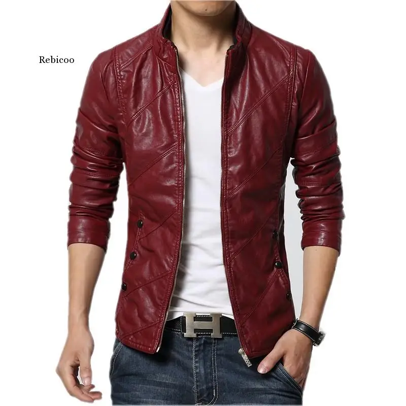 

Brand 2021 New Mens Fashion Leather Jacket Men's Collar Slim Biker Jacket High Quality Men's Coat Solid Color Jacket Size