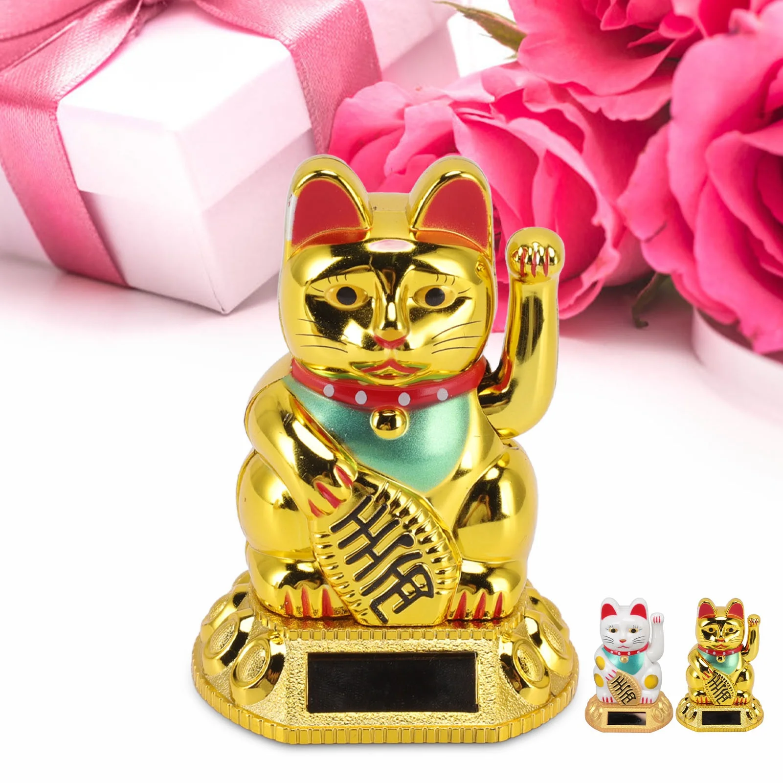 Chinese Lucky Cat Decoration Waving Arm Solar Light Induction Statue Figurine For Home Car Ornaments