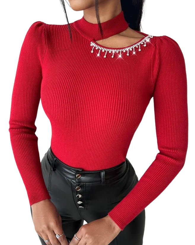 Y2K Fashion Women Sweaters 2023 Winter New Casual Daily Solid Color Versatile Rhinestone Tassel Design Cutout Knit Sweater