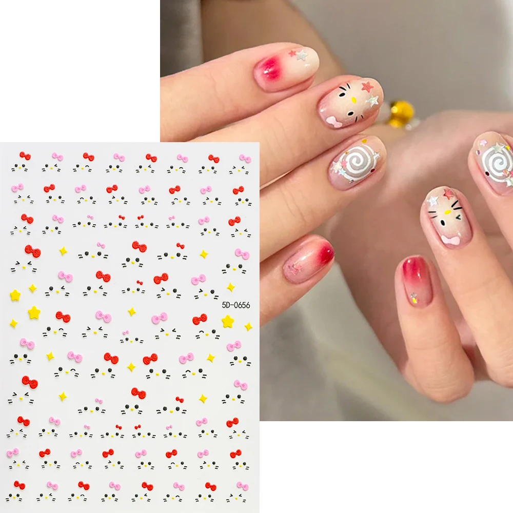 2 uds 5D pegatinas para decoración de uñas con cara de gatito rosa lindo pentagrama con lazo cara sonriente feliz KT calcomanías para uñas DIY decoración de manicura dulce de Corea