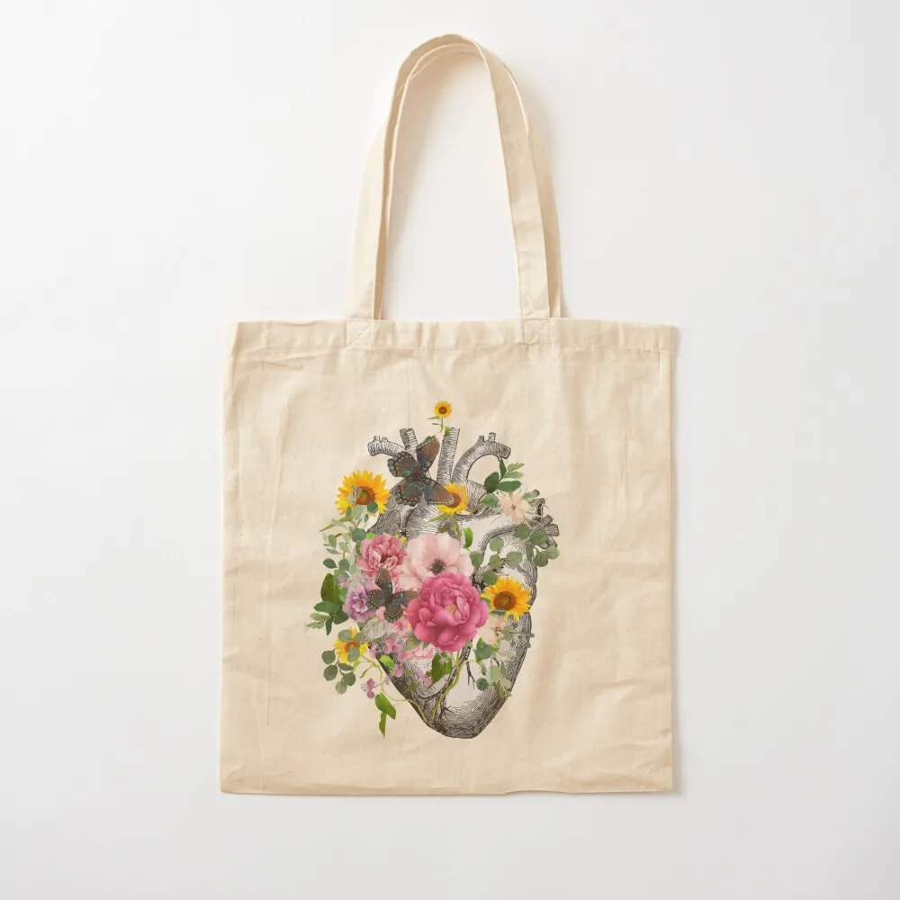 Bloom Floral Heart Human Anatomy pink roses and sunflower watercolor Tote Bag Canvas bag great bag Canvas Tote