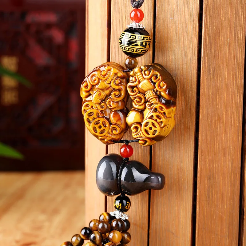 Natural Tiger Eye Stone Double a mythical wild animal Car Accessorie Safe travel Blessing Pendant Auto Rearview Mirror Ornaments