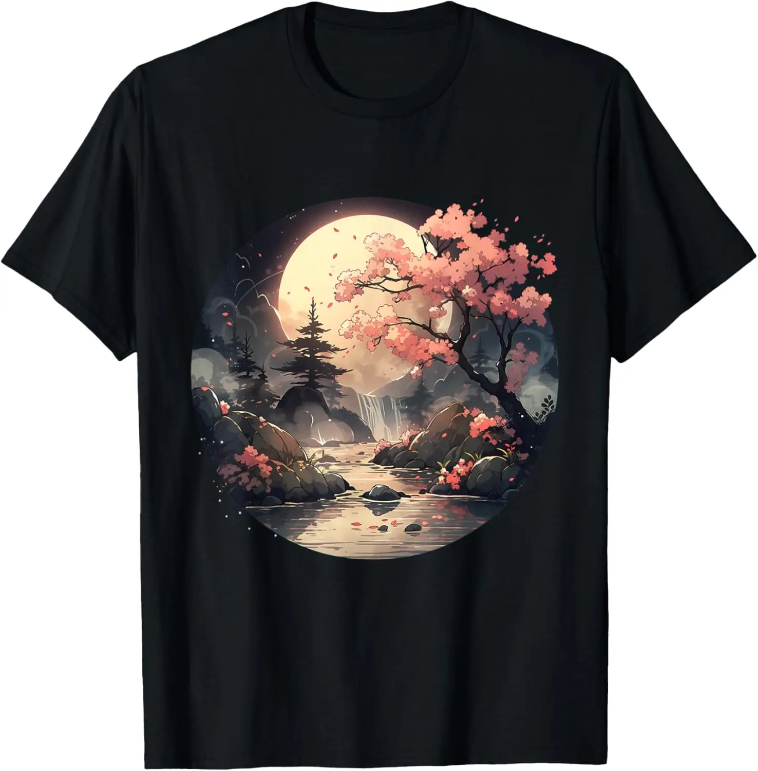 Vintage Cherry Blossom Woodblock Tee Japanese Graphical Art T-Shirt 100% Cotton Trendy Y2K Short-Sleeve Tee-Soft, Quick-Drying,