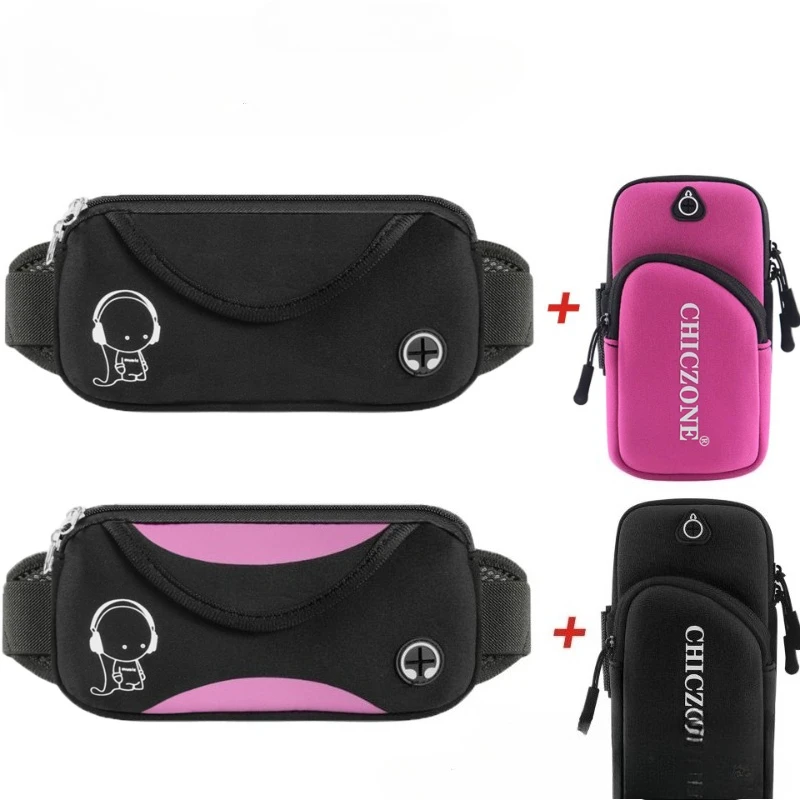 

HAISSKY Outddor Running Bags Set Waist Pack+Armband Pouch Men Women Fitness Zipper Phones Earphones Keys Phone Storage Waist Bag