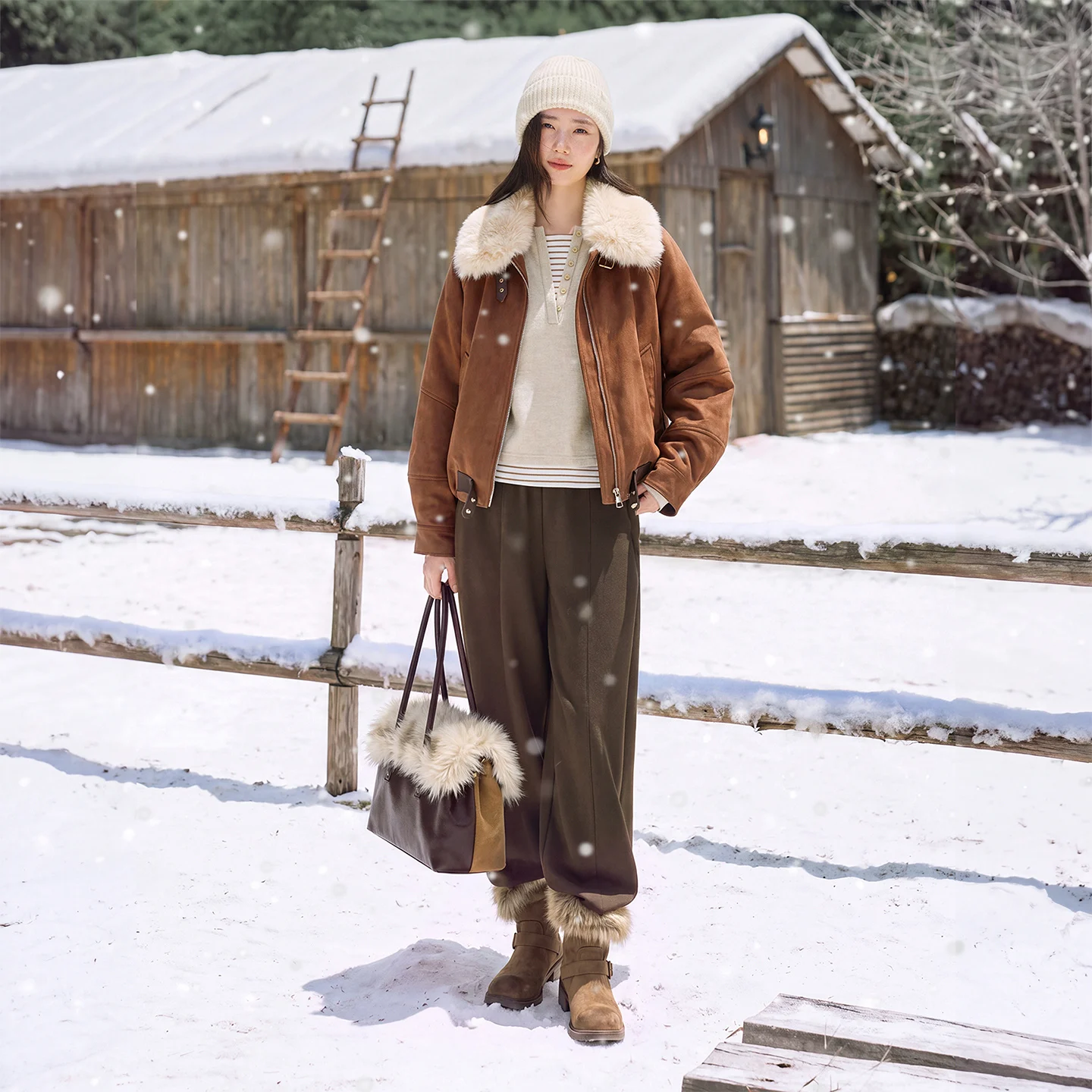 SENTUBILA Women's White Duck Down Jacket 2026 Winter Detachable Fur Collar Raglan‑Sleeve Loose Commuter Warm Outerwear W64YD7697