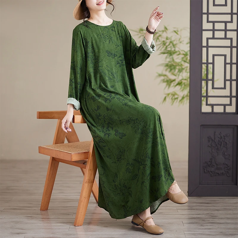 

Свободная длинная хлопково-льняная юбка в стиле ретро с круглым принтом Ne, женская осенняя повседневная юбка трапециевидной формы большого размера для женщин среднего возраста...