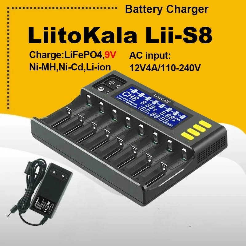 LiitoKala Lii-S8 18650 chargeur de batterie 8 emplacements détection automatique de polarité pour 26650 21700 14500 10440 16340 1.2V 3.7V batterie