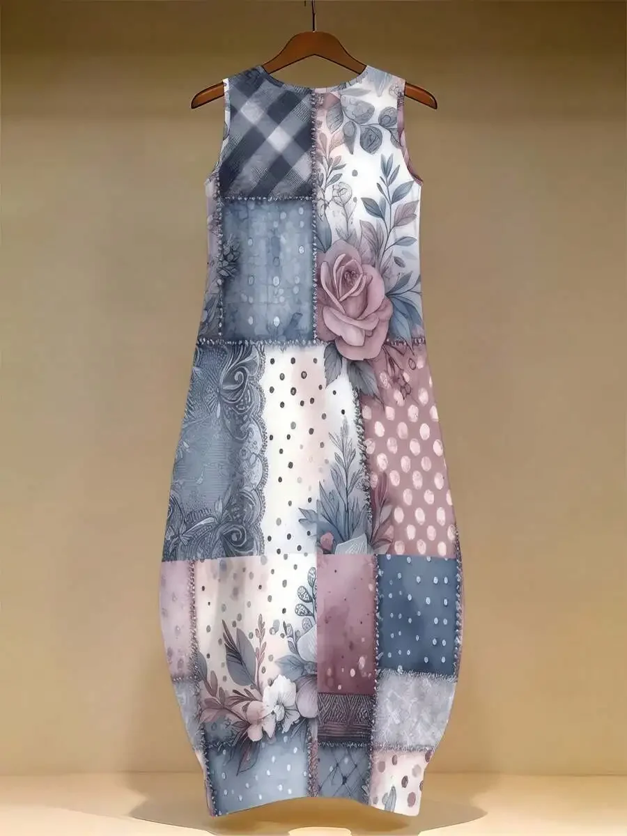 

Floral Patchwork Sleeveless Round Neck Long Dress For Women Casual Summer Wear