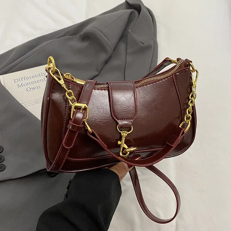 

Retro Pu Leather Armpit Bag Women Fashion Half Moon Design Underarm Crossbody Bag Lady Chain Handbag Tote Underarm Bag