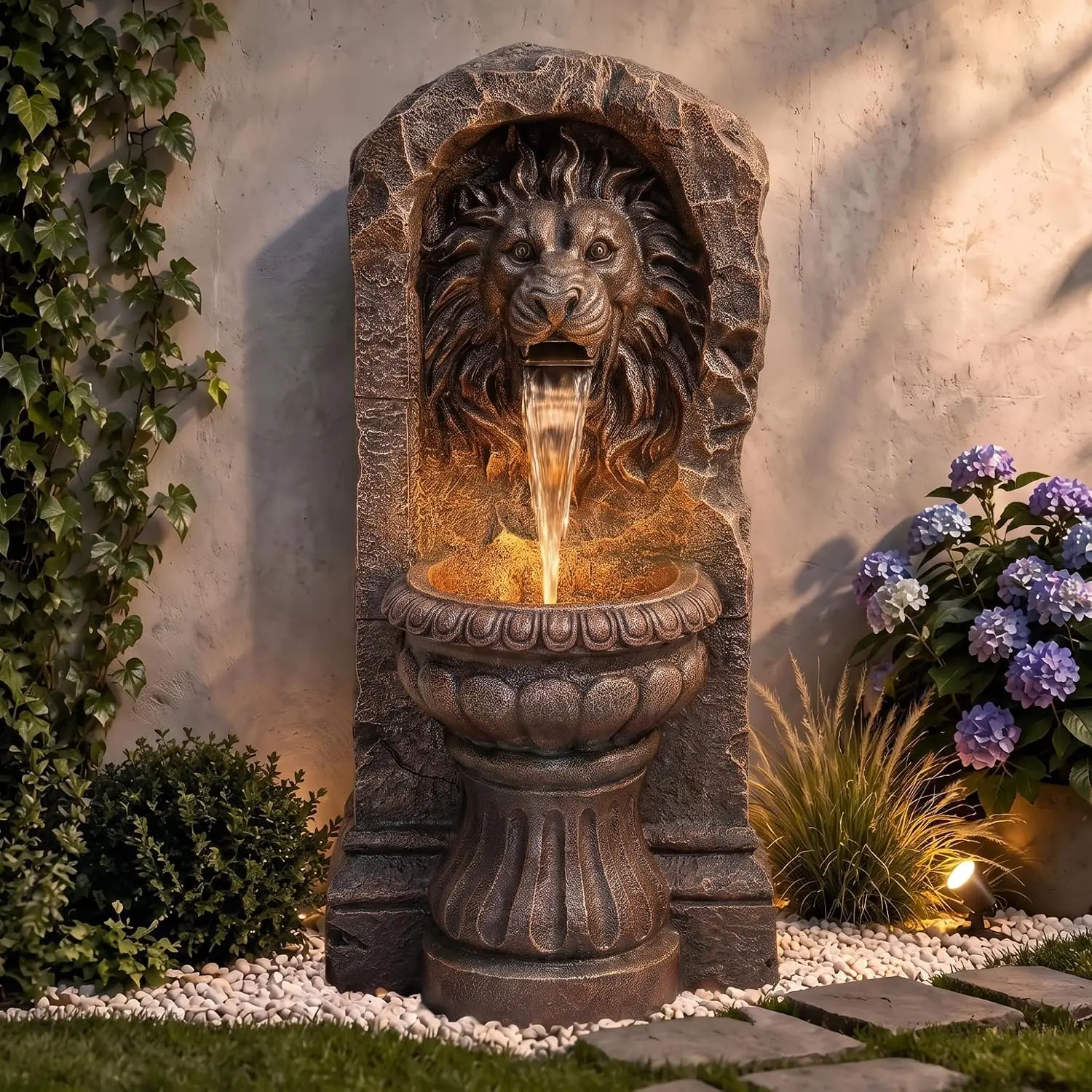 Lion Head Outdoor Fountain Two Tier LED Waterfall